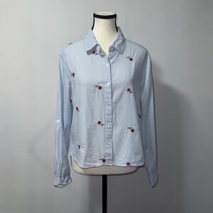 Love Potion Blue & White floral Striped Button Down Shirt women’s Size Large